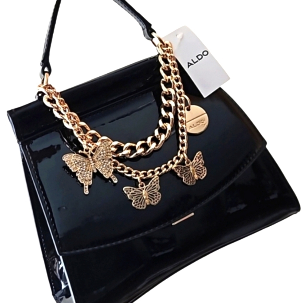 NEW! ALDO Patent Handbag Removeable Strap Gold Butterfly Charm Accents.